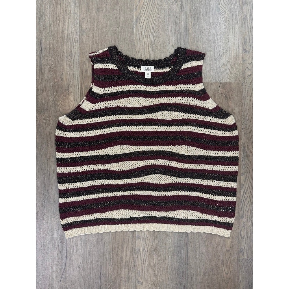 a.n.a A New Approach Metallic Striped Crochet Sweater Vest Burgundy Cream XXL